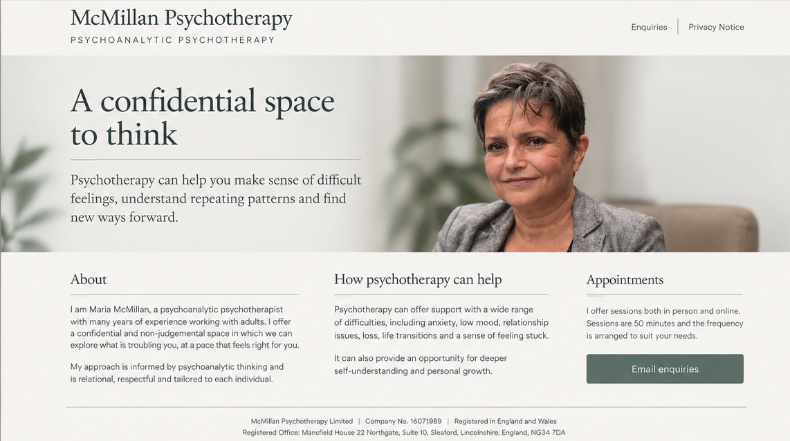 McMillan Psychotherapy homepage featuring Maria McMillan, psychoanalytic psychotherapist.